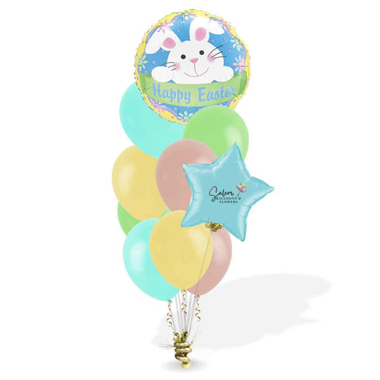 Helium-filled Happy Easter balloon bouquet in pastel colors. Balloon delivery Salem Oregon