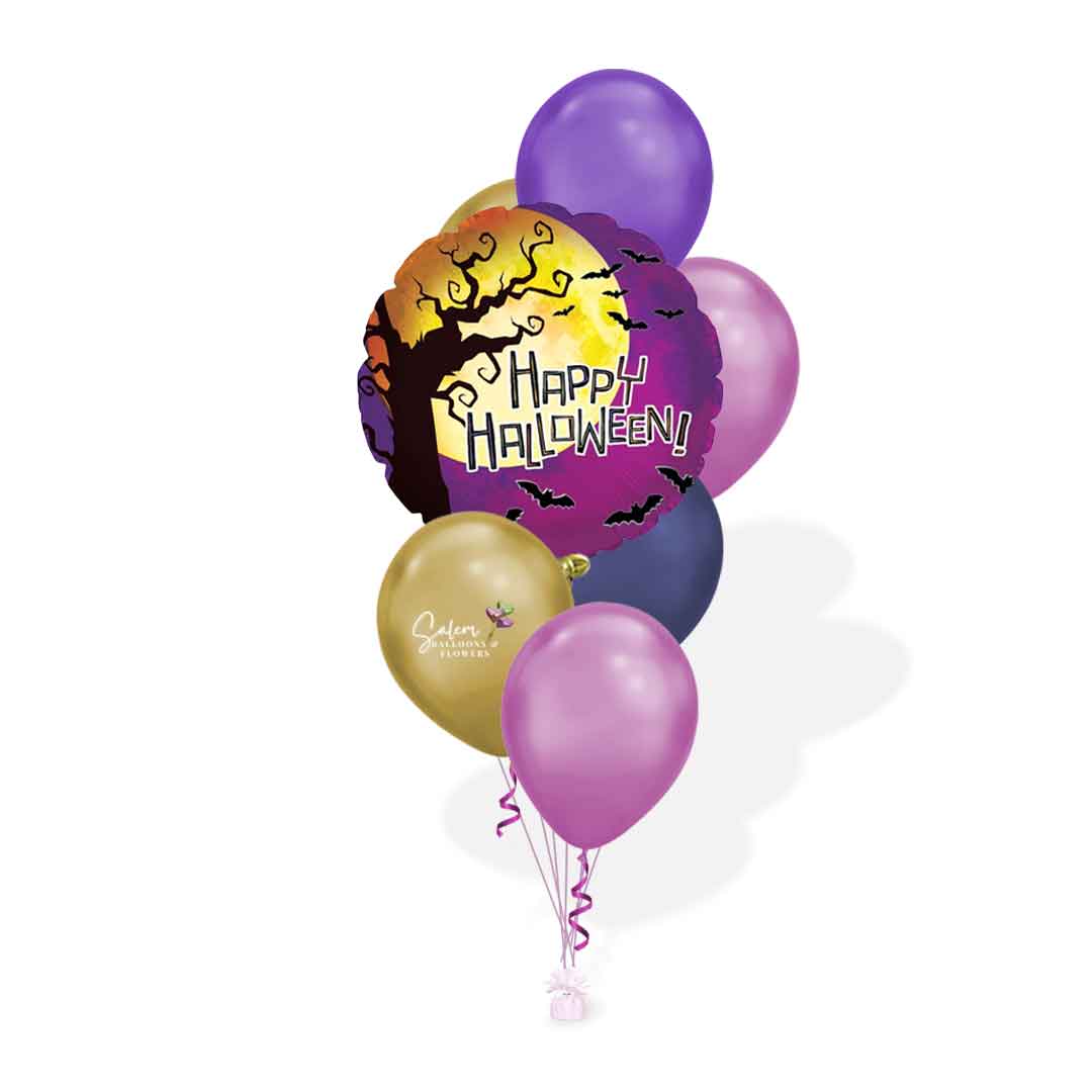 Helium filled halloween balloon bouquet. In dark blue, purple and fuchsia colors.  Featuring a round Mylar balloon with a "Happy Halloween" message. Oregon Balloon delivery