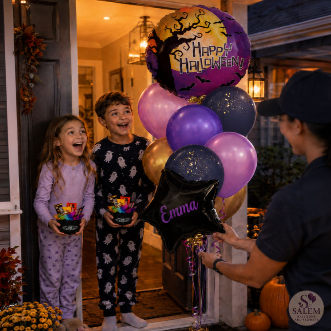 A festive Halloween balloon bouquet with purple, lavender, navy, gold, and black balloons, including a 'Happy Halloween!' round balloon and a personalized 'Emma' star balloon, being delivered at a child's house door by a woman and two children in pajamas and a Salem Balloons and Flowers logo.