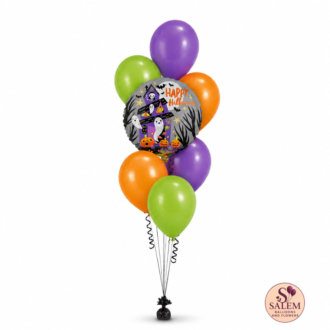 Happy Halloween balloon bouquet with orange, lime green and purple balloons, haunted-house foil and purple star on a white background and a Salem Balloons and Flowers logo at the bottom right corner.