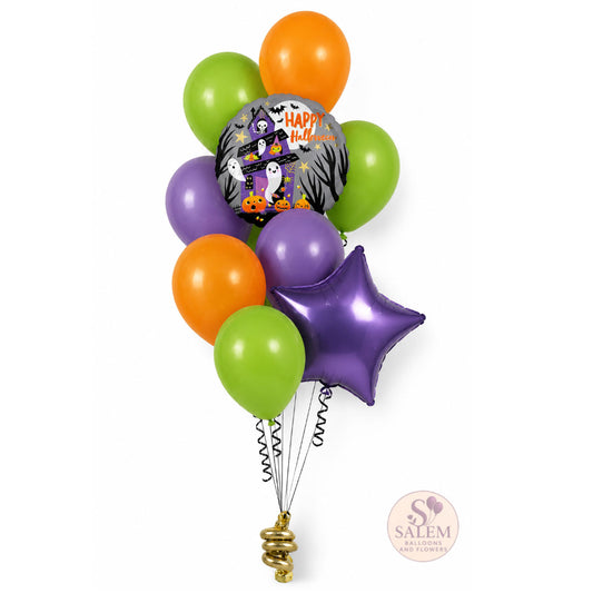 Halloween balloon bouquet featuring orange, green, and purple latex balloons, a metallic purple star balloon, a round 'Happy Halloween' foil balloon, and a gold coiled string at the bottom, shown on a white background with a Salem Balloon and Flower Shop logo.