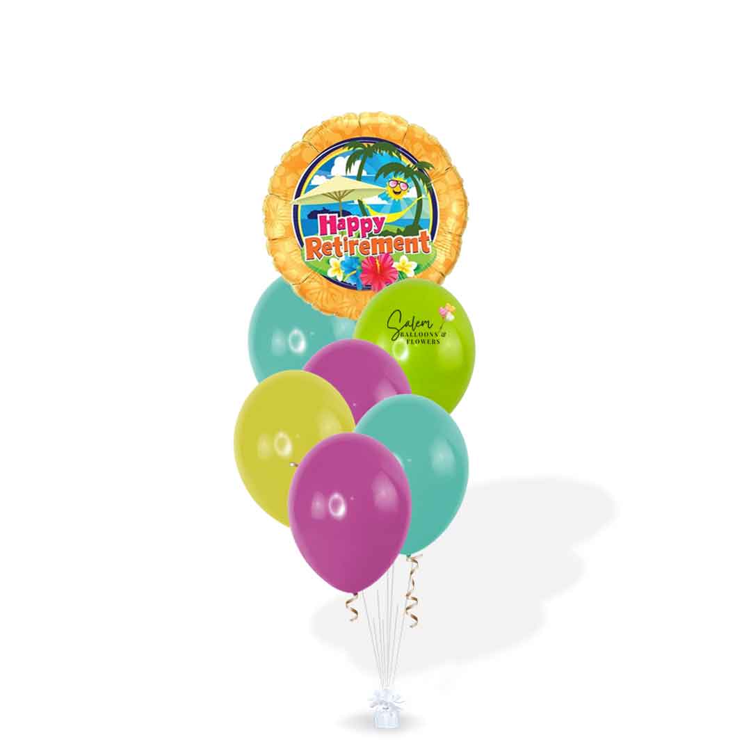 Hawaii-themed "Happy Retirement" Balloon Bouquet in colorful colors. Salem -Keizer Oregon balloon delivery
