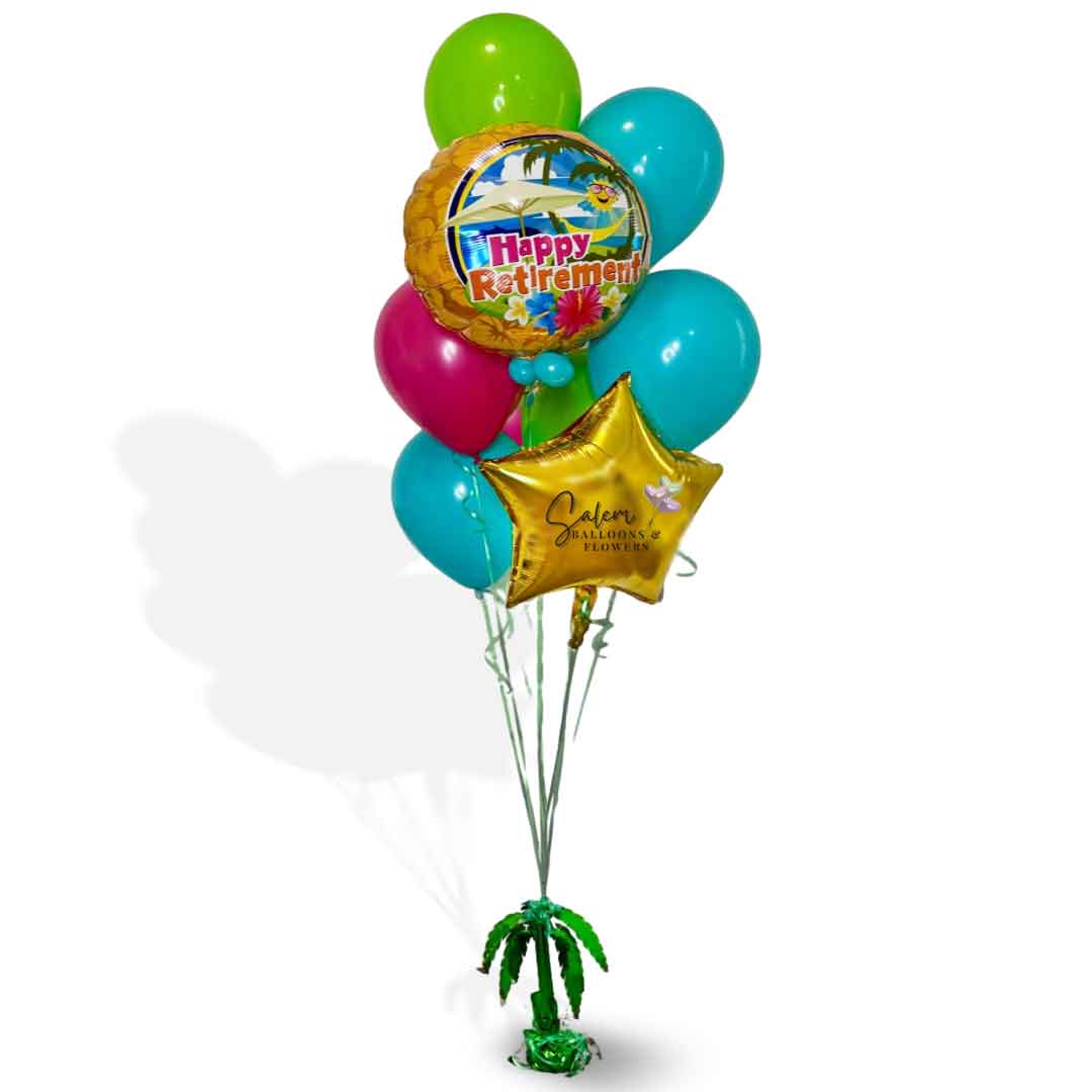 Hawaii-themed "Happy Retirement" Balloon Bouquet in colorful colors. Balloon weight decorated with a flower. Salem -Keizer Oregon balloon delivery