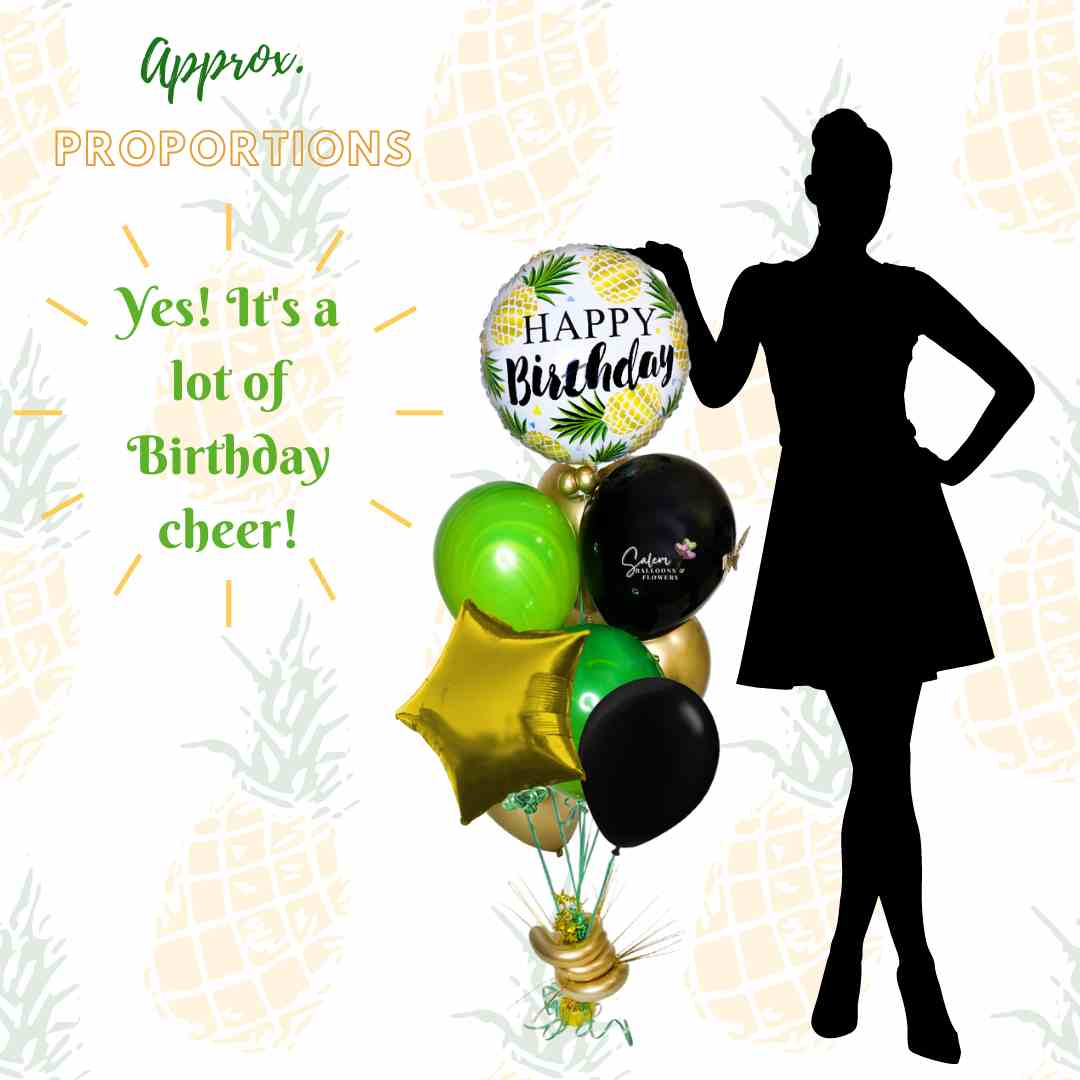 HBD tropical balloon bouquet. Featuring a pineapple themed Mylar balloons with a Happy Birthday message and a set of bright colored helium balloons, anchored to a decorated weight. Balloons Salem Oregon and nearby cities.