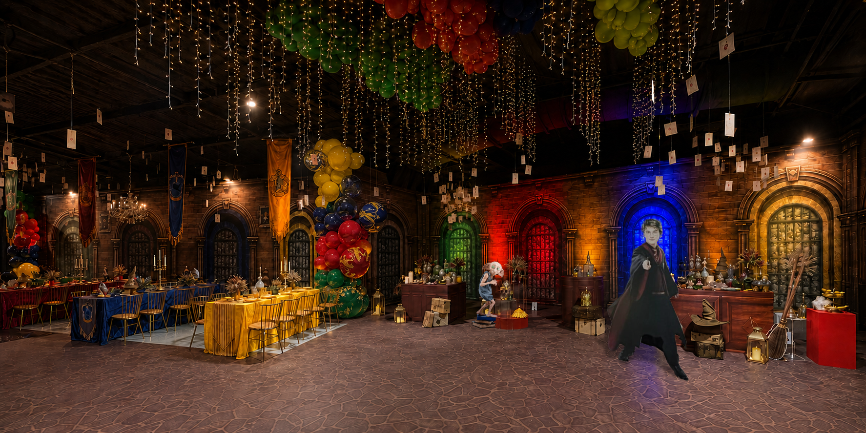 Immersive wizard-themed event environment with scenic architecture and custom décor with a gothic-themed party backdrop featuring a stone floor, arched windows with red and blue lighting, hanging fairy lights, balloons, and a character figure dressed in a black cape.