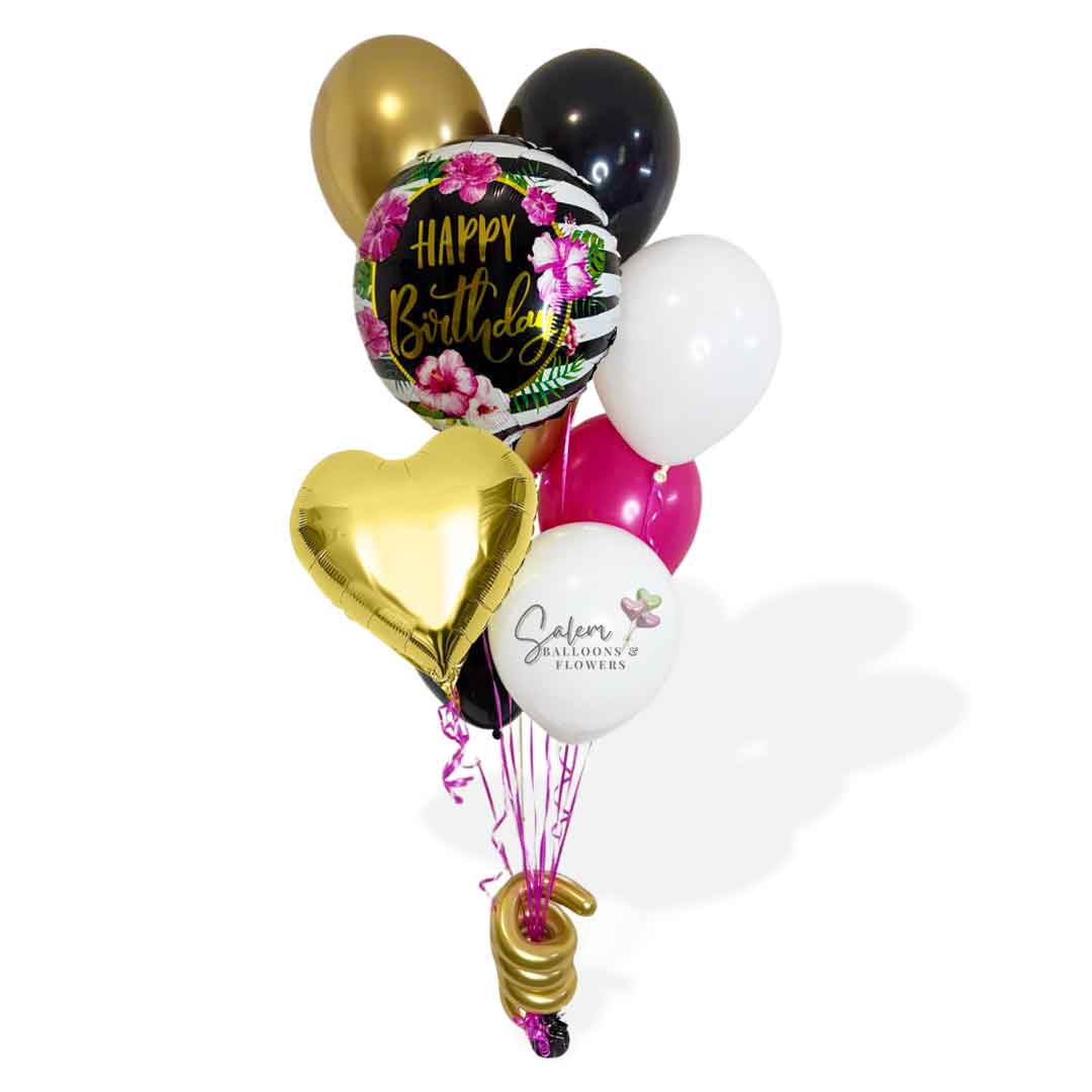 Hawaiian flower themed, Bouquet of colorful balloons with 'Happy Birthday' on a white background. Oregon balloon delivery.