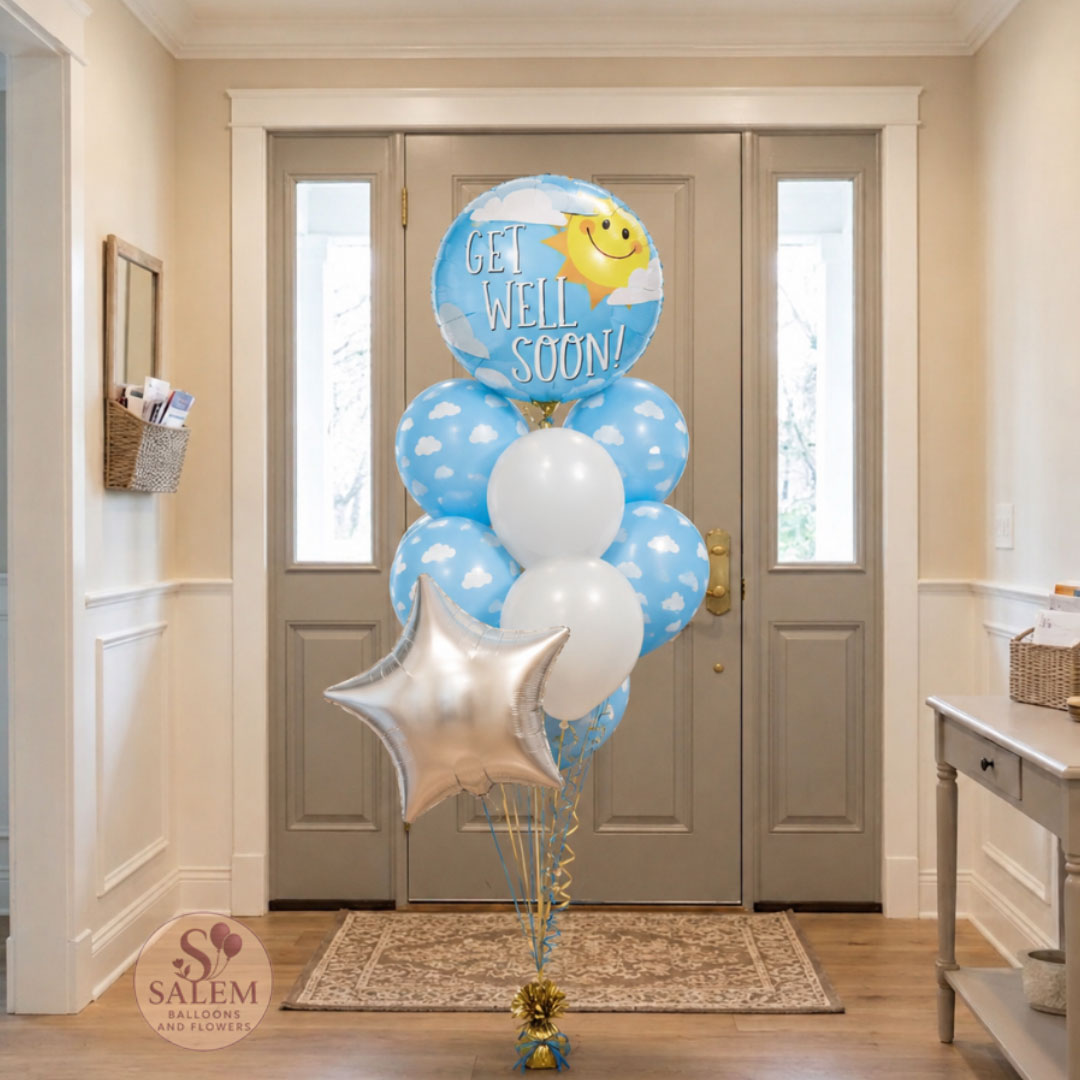 Get Well Soon balloon bouquet with blue cloud-print balloons, silver star balloon, and premium foil balloon arranged for local balloon delivery by Salem Balloons & Flowers in Salem, Oregon.