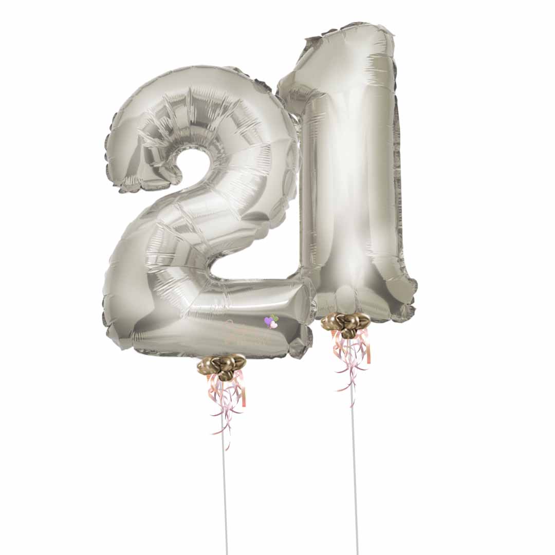 Two Silver balloon numbers with helium. Balloon delivery in Salem Oregon and nearby cities.