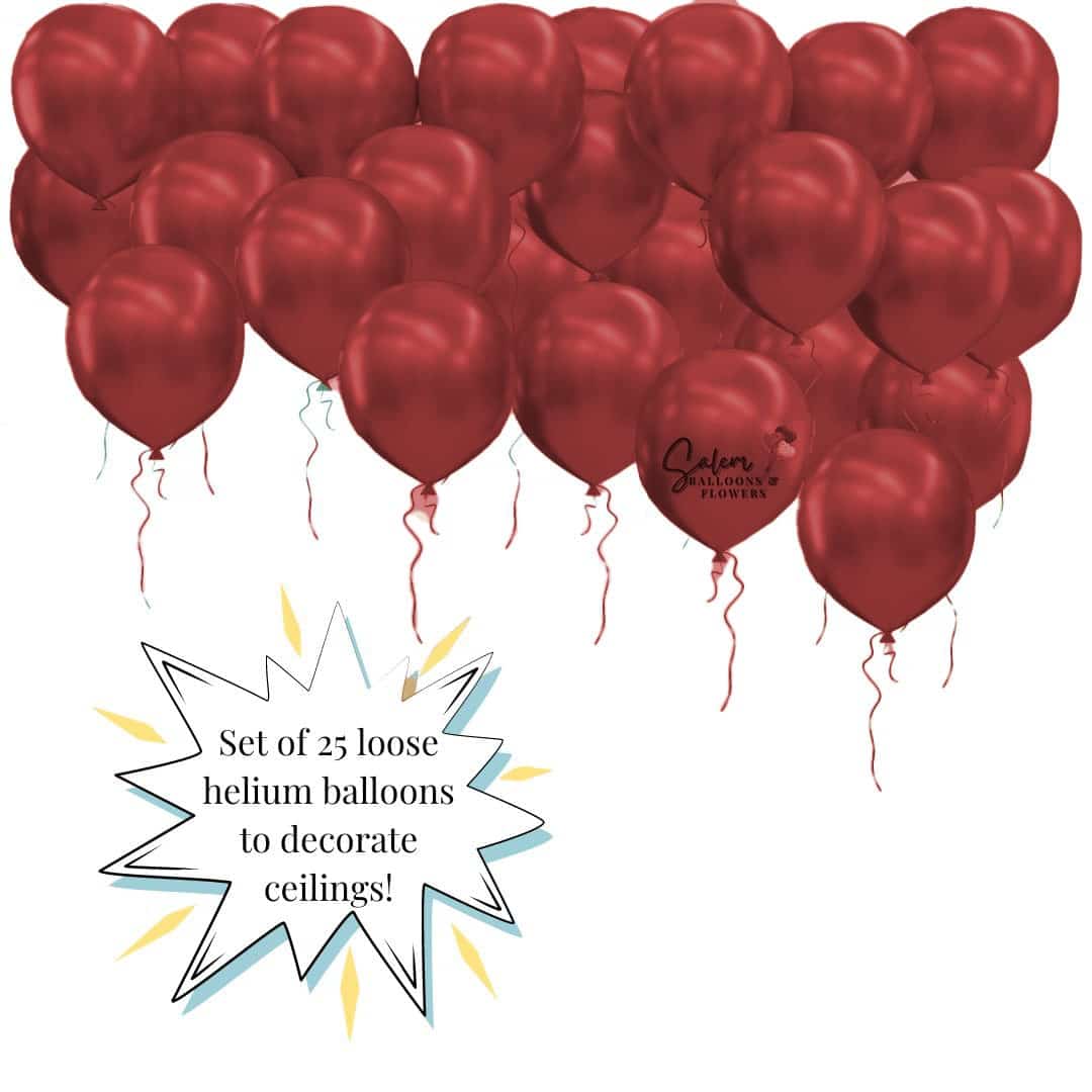 25 chrome red helium balloons floating to decorate ceilings. Balloon delivery in Salem Oregon and nearby cities. Salem Oregon balloon decor.