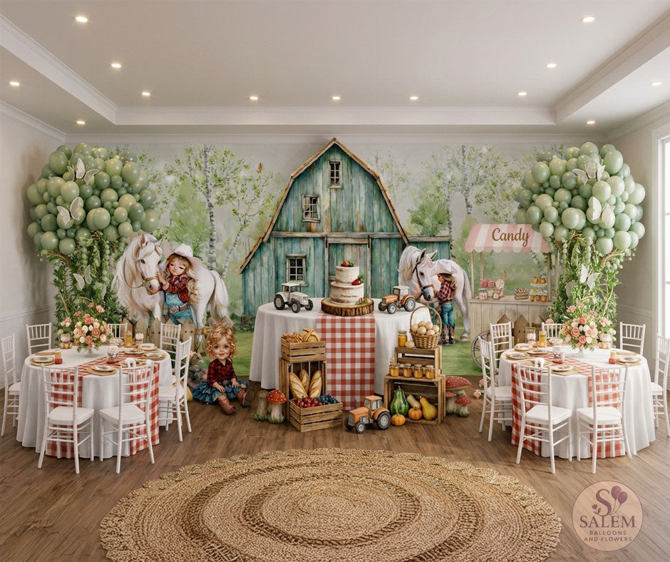 Horses and girls farm themed balloon decor with balloon trees, flowers, and horses cutouts in a venue for a girl's birthday decoration. Oregon.