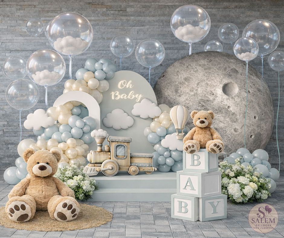 Luxury Baby shower setup with teddy bears, balloons, and baby blocks against a XL moon backdrop and clouds. Balloon decor Oregon.