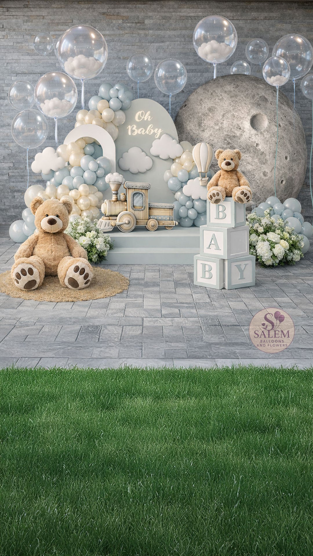 Luxury Baby shower setup with teddy bears, balloons, and baby blocks against a XL moon backdrop and clouds. Balloon decor Oregon.