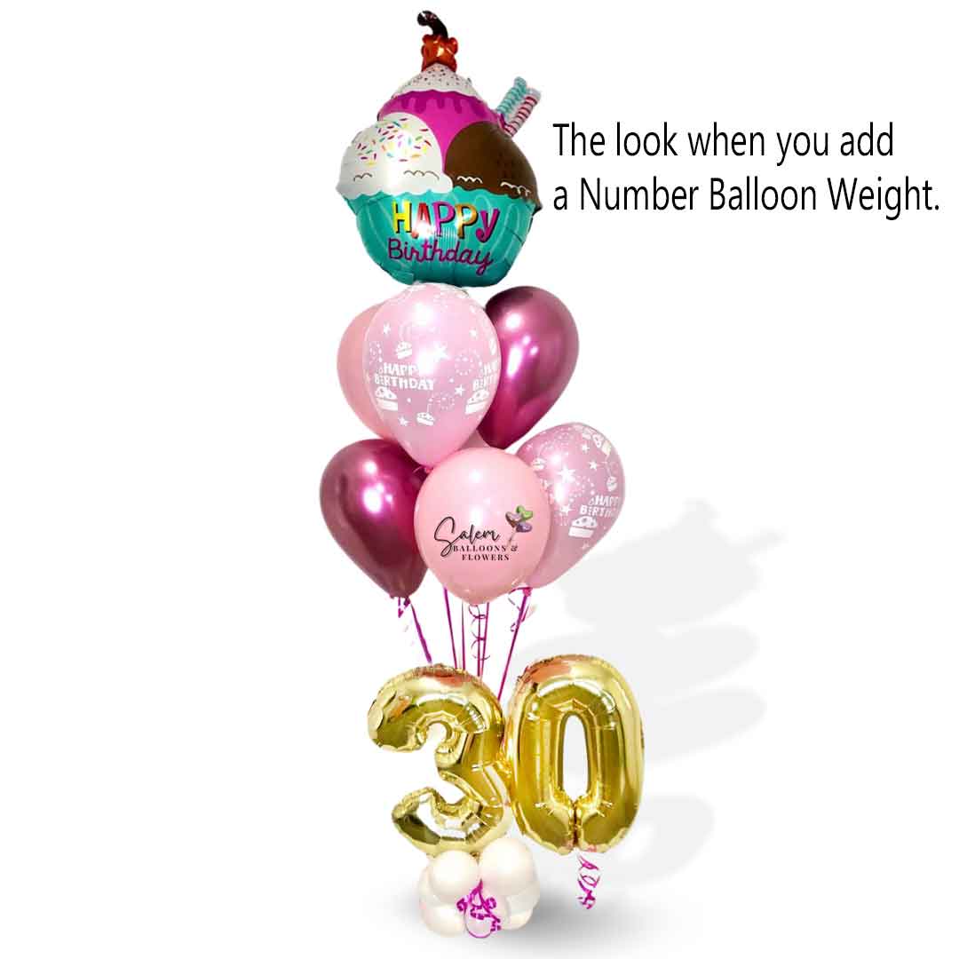 Helium balloon bouquet with an ice cream balloon and a number balloon Weight. Oregon Balloon delivery.