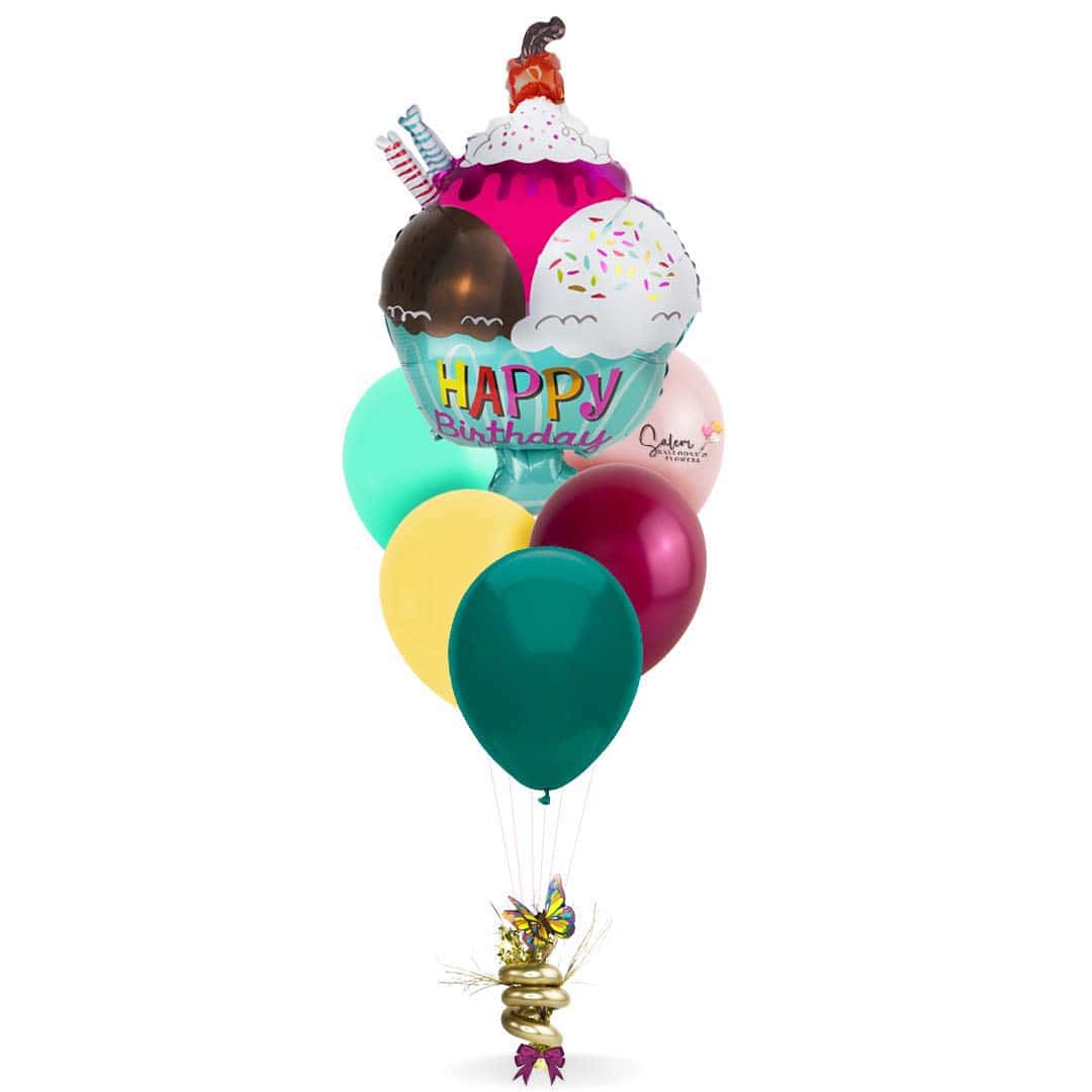 Birthday helium balloons. Featuring an ice cream shaped mylar balloon. Balloons Salem Oregon.