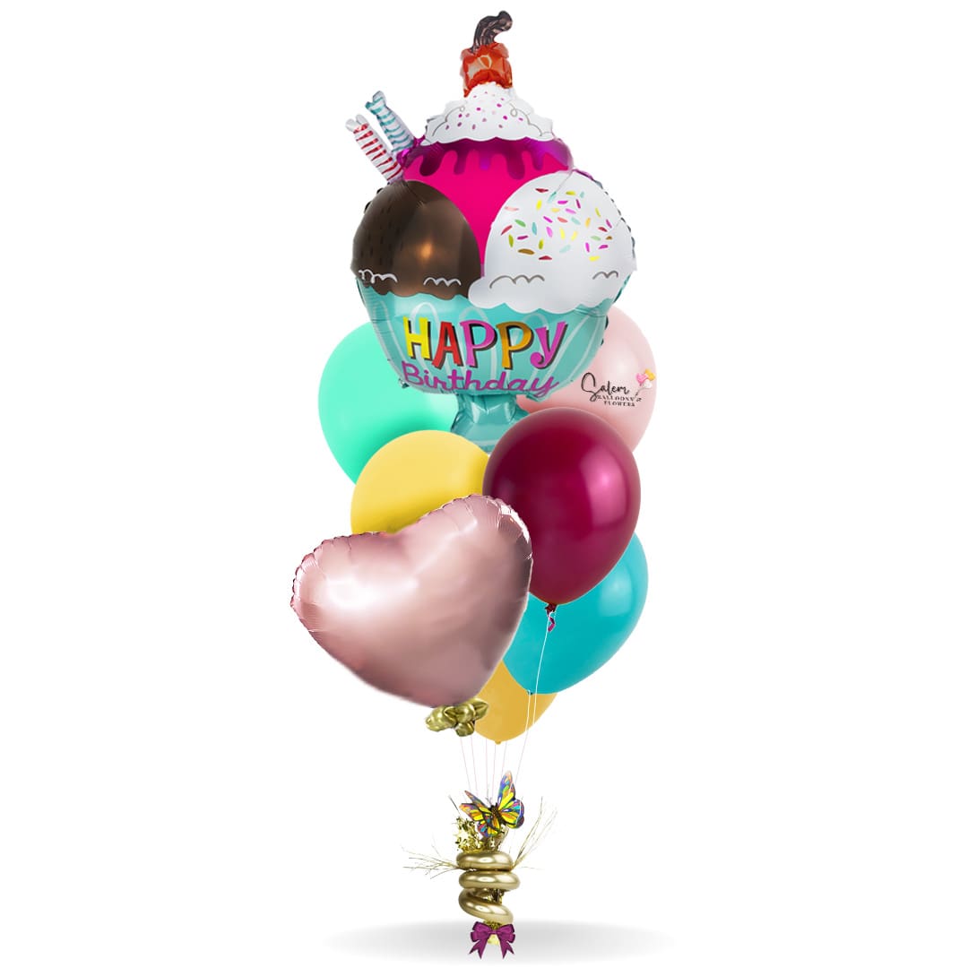 Birthday helium balloons. Featuring an ice cream shaped mylar balloon. Balloons Salem Oregon.