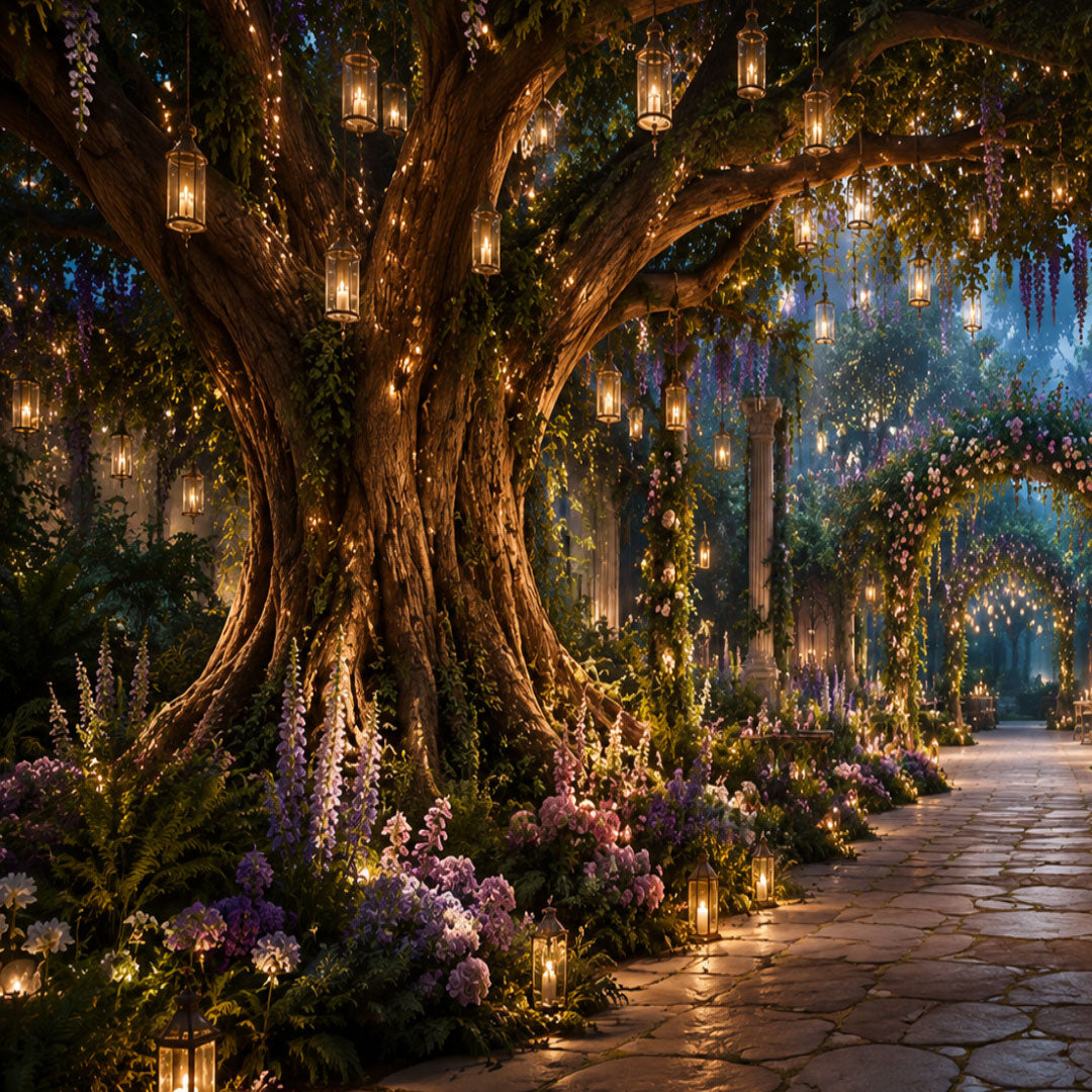 A fantasy woodland path lined with glowing lanterns hanging from large trees, surrounded by purple flowers, ferns, and arched floral passages in a magical garden setting.