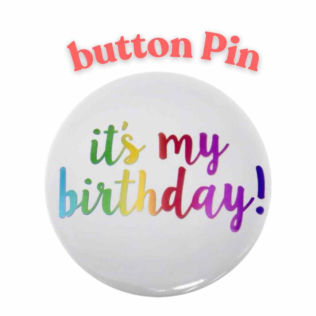 White button pin with a colorful 