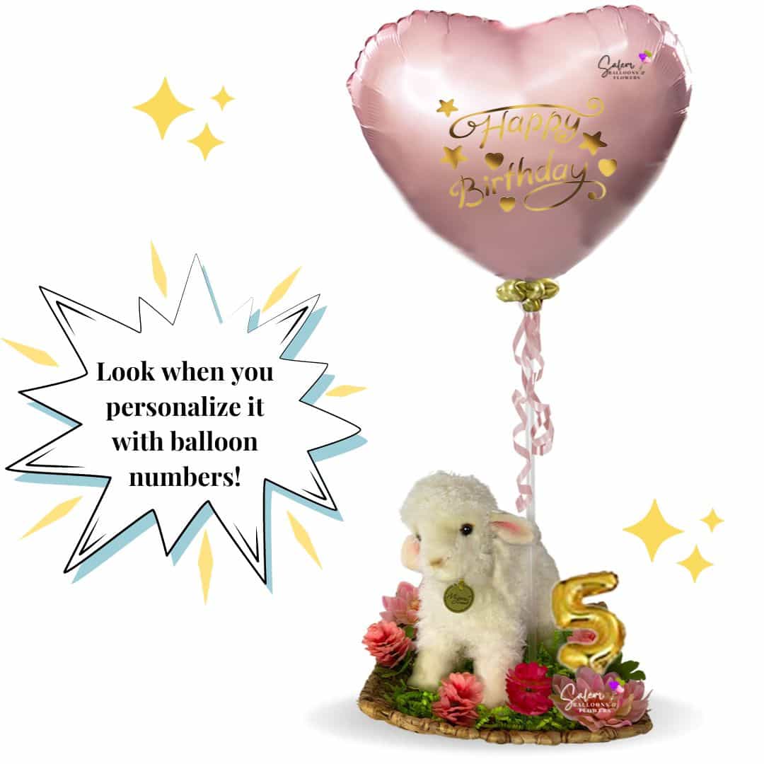 The cutest balloon bouquet, featuring a cuddle-worthy plush lamb, an array of gorgeous flowers, and a cute pink heart balloon wishing them a Happy Birthday! Balloon delivery in Salem Oregon and nearby cities.