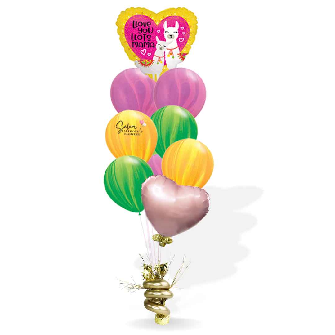 Mother's Day balloon bouquet, featuring a heart shaped mylar balloon with a cute mama lama and its baby with a 