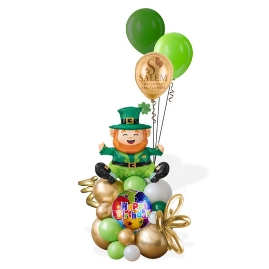 A Birthday  leprechaun themed  balloon arrangement on a white background. Birthday balloon Delivery Oregon.