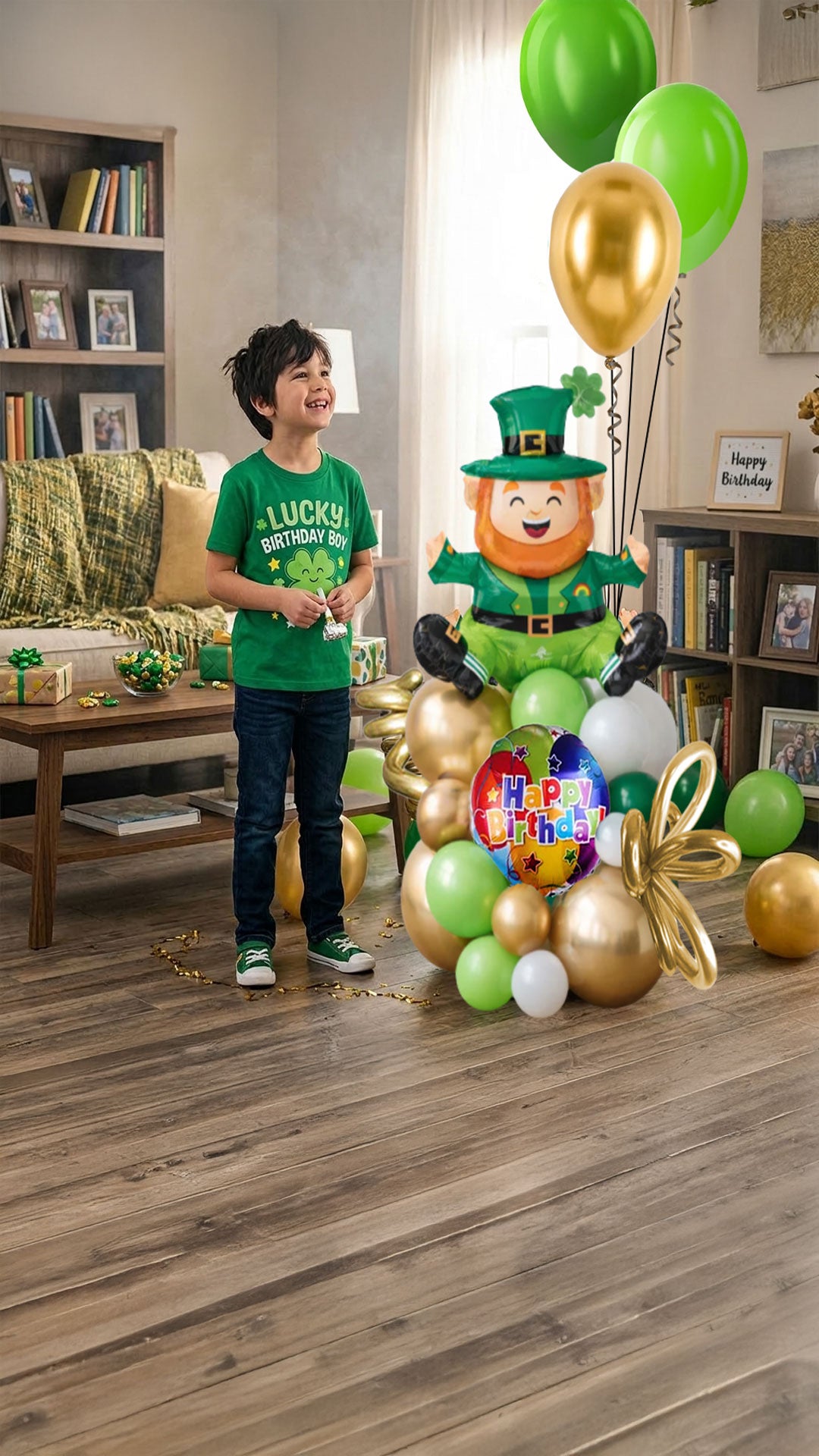 Birthday boy in a green shirt with a Lucky Birthday boy t-shirt, with balloons on the floor, and a Birthday  leprechaun themed  balloon arrangement in a living room.Birthday balloon Delivery Oregon.