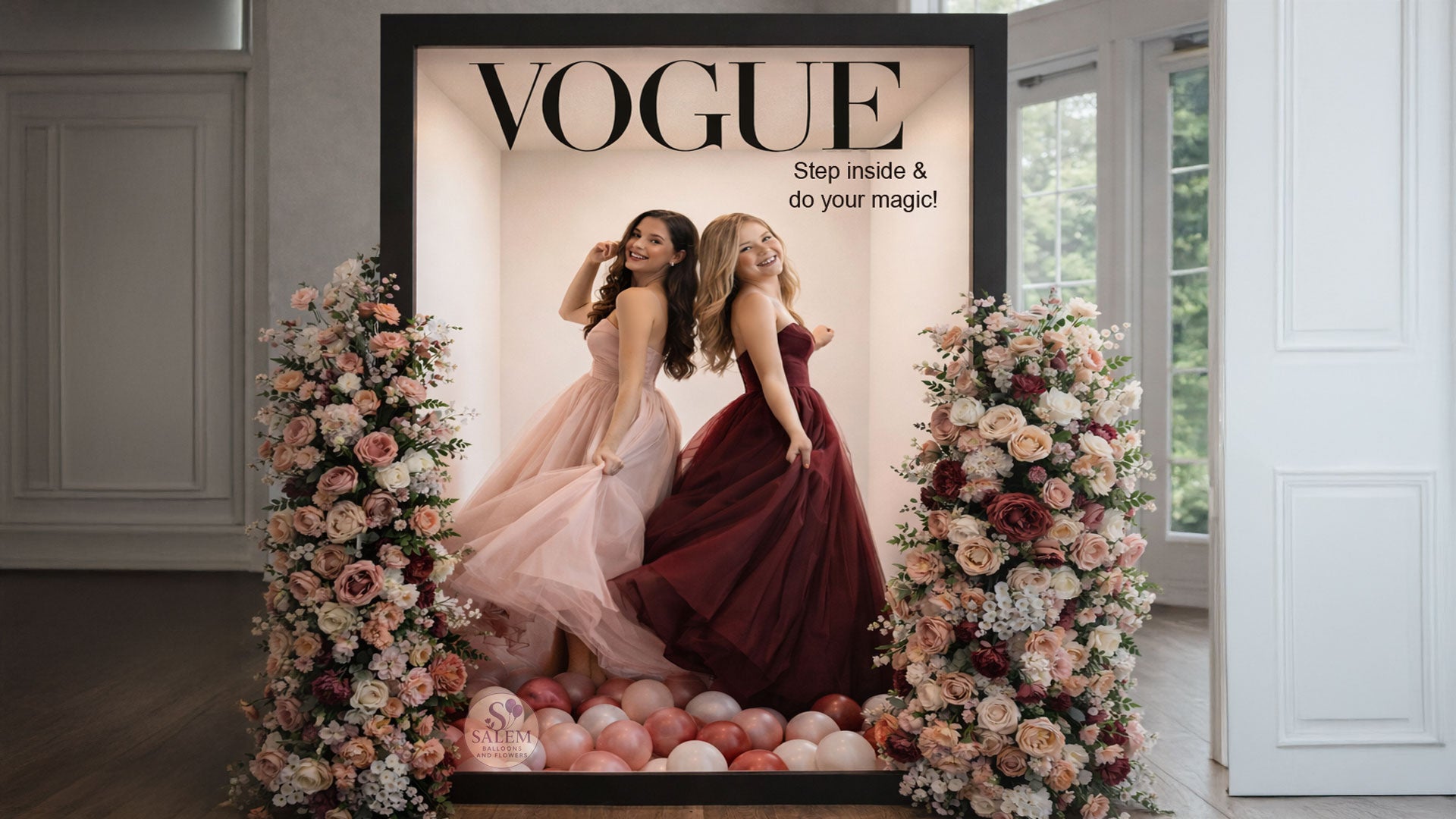 Vogue magazine cover photo booth with two young girls wearing prom dresses, surrounded by flowers and decor. Party Rentals. Oregon.