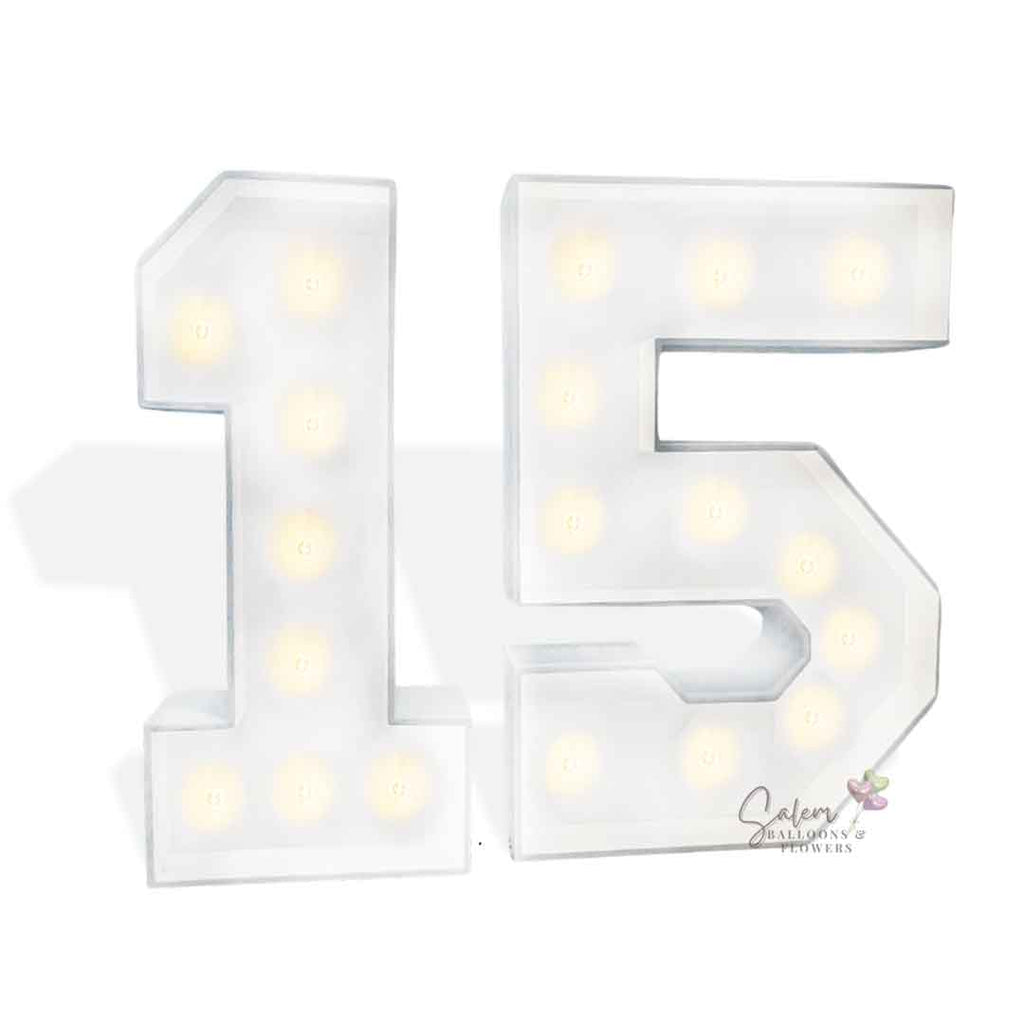 3ft tall wooden marquee numbers #15 on a white background. Oregon party rental.