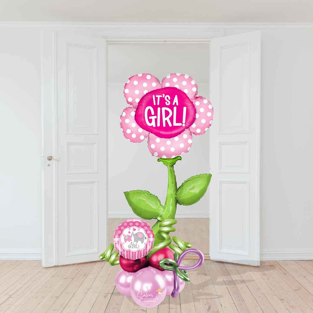 Mega Size It's a Girl Balloon Bouquet. Featuring an extra large Flower Pick balloon with a "It's a Girl" message standing on a handcrafted balloon base made with complementary colors and curly balloons. They won't believe how big it is! Size chart.