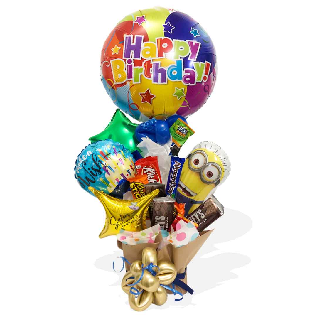 Minion-themed candy-balloon box. With a Mini Minion Mylar balloon holding a 