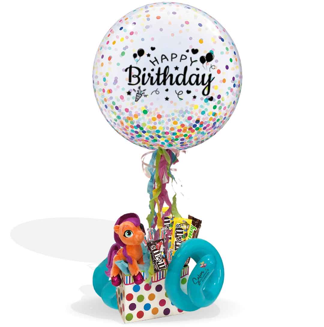 Birthday Balloon-Candy box with my little pony plush and big deco-bubble. Balloons Salem Oregon.
