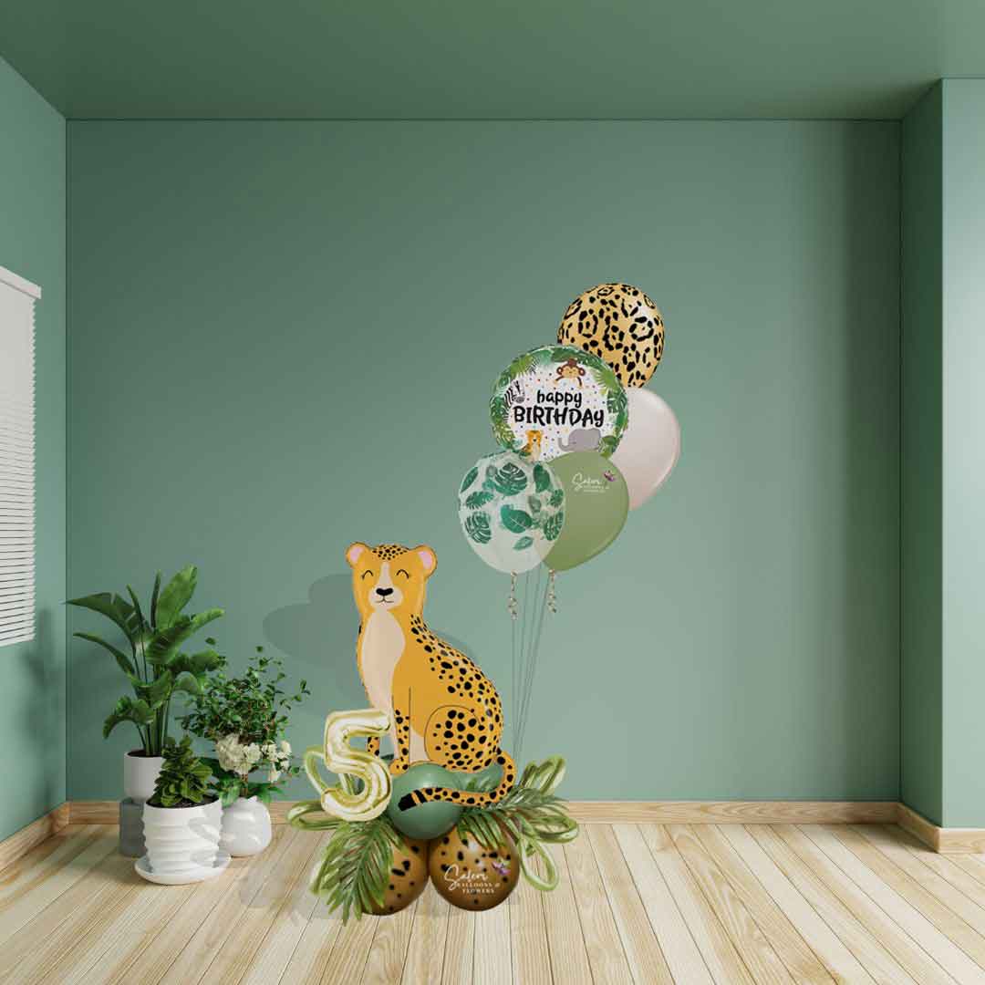 Cheetah balloon bouquet with balloon numbers  a set of helium balloons and greenery. Salem Oregon balloon delivery.