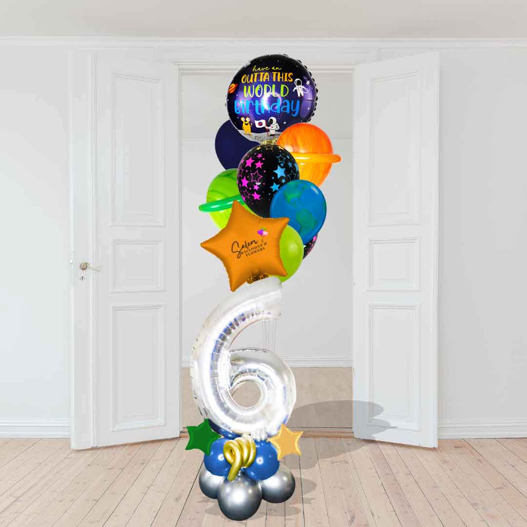 Space themed number balloon bouquet. 6-7 Ft tall. Salem Oregon balloon delivery.