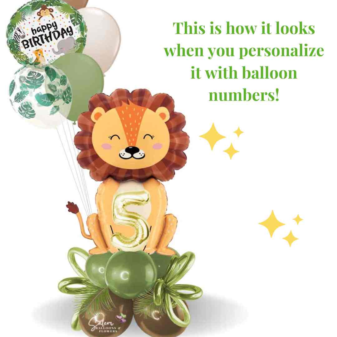 Safari themed balloons with numbers and helium balloons. Delivery in Salem Oregon and nearby cities