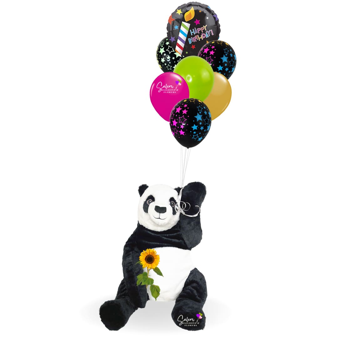 Birthday balloon bouquets with a large panda plush sholding the balloons and a sunflower. Salem Oregon balloon delivery.