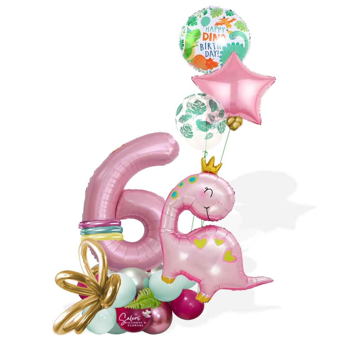 Pink dinosaur themed one number balloon marquee. Featuring a large pink dinosaur wearing a golden crown, decorated with helium balloons. Balloons salem oregon. Balloon delivery