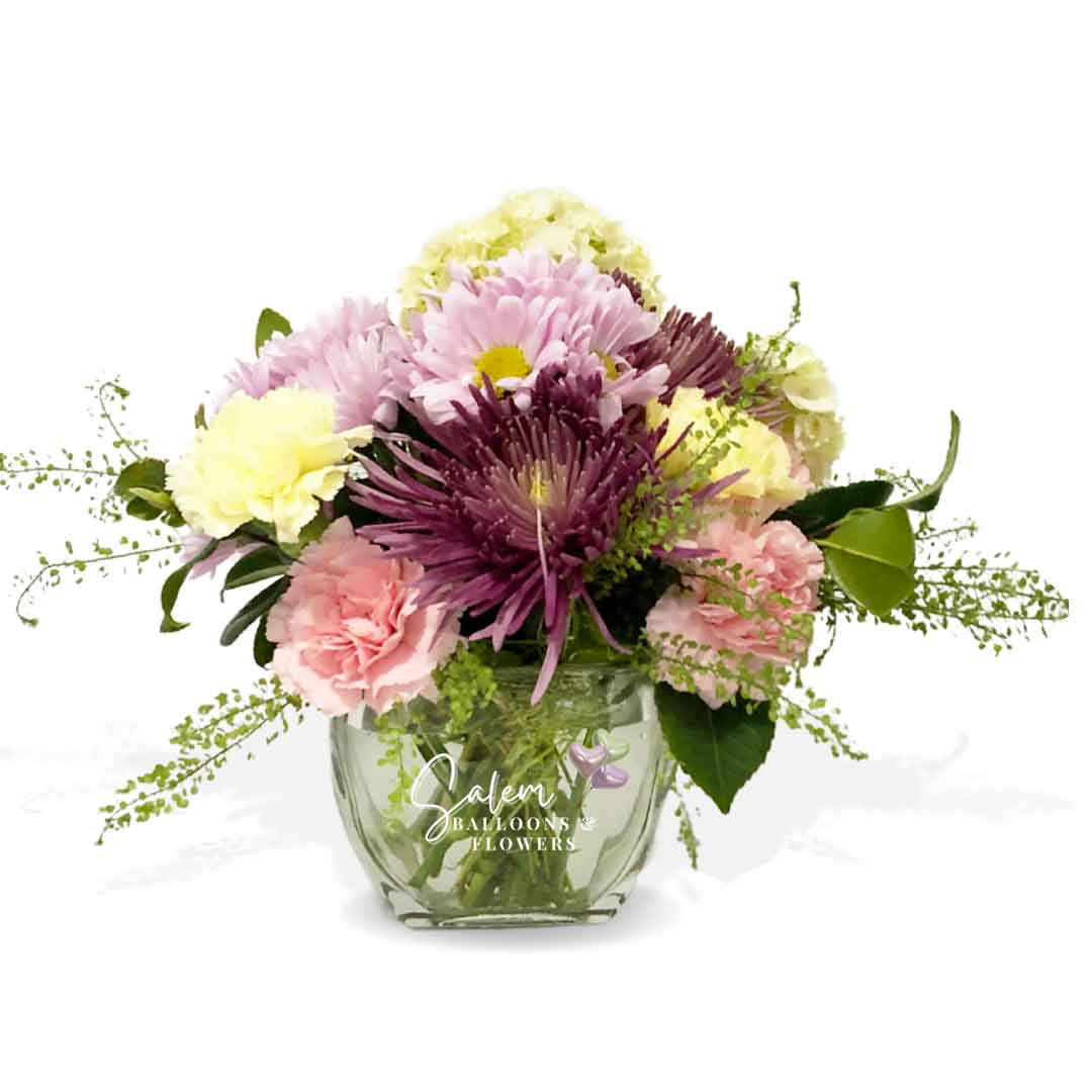 Fresh flowers in a square glass vase. Salem Oregon flower delivery.