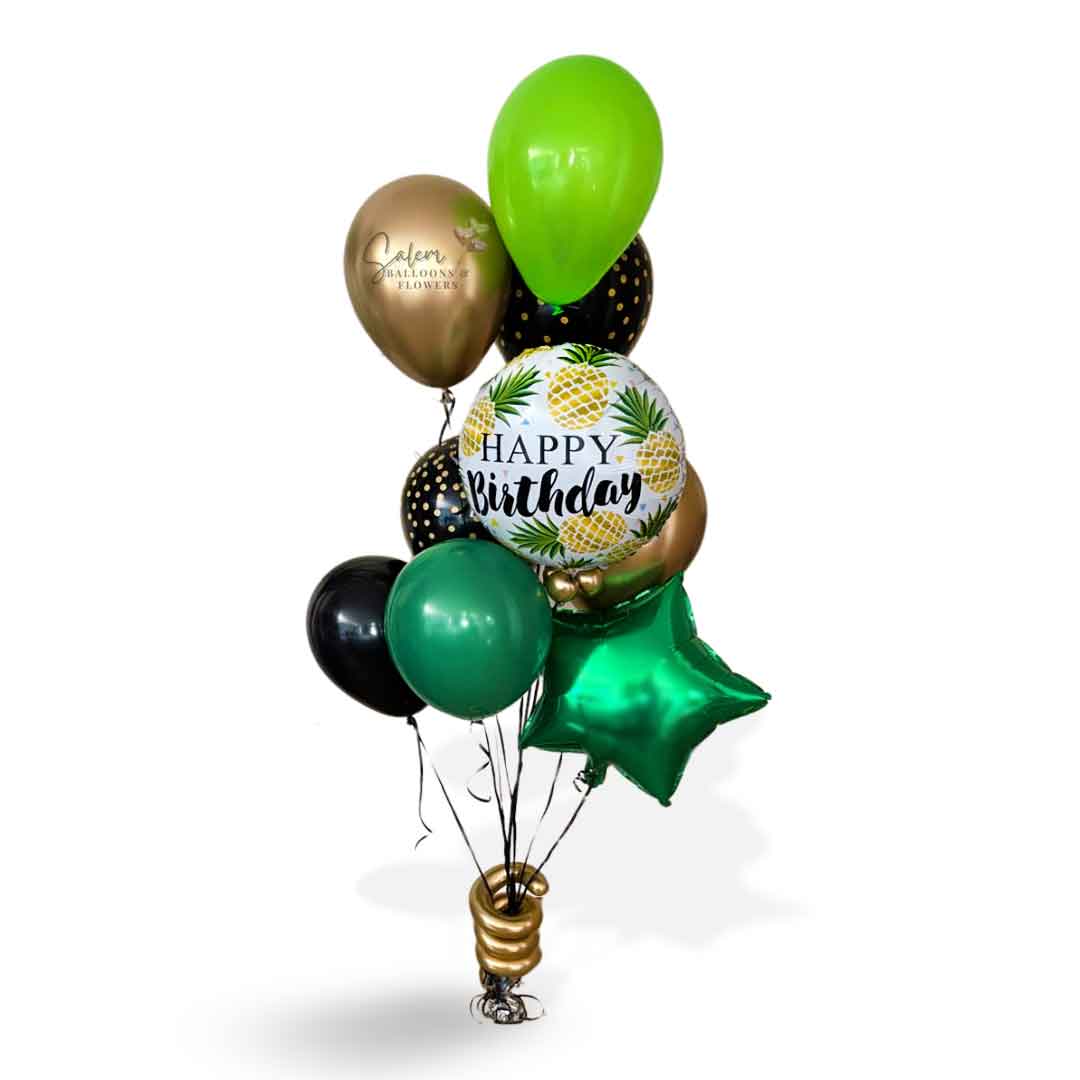 Birthday balloon bouquet with a pina colada theme in green gold and black. Birthday Balloon Delivery Salem ORegon