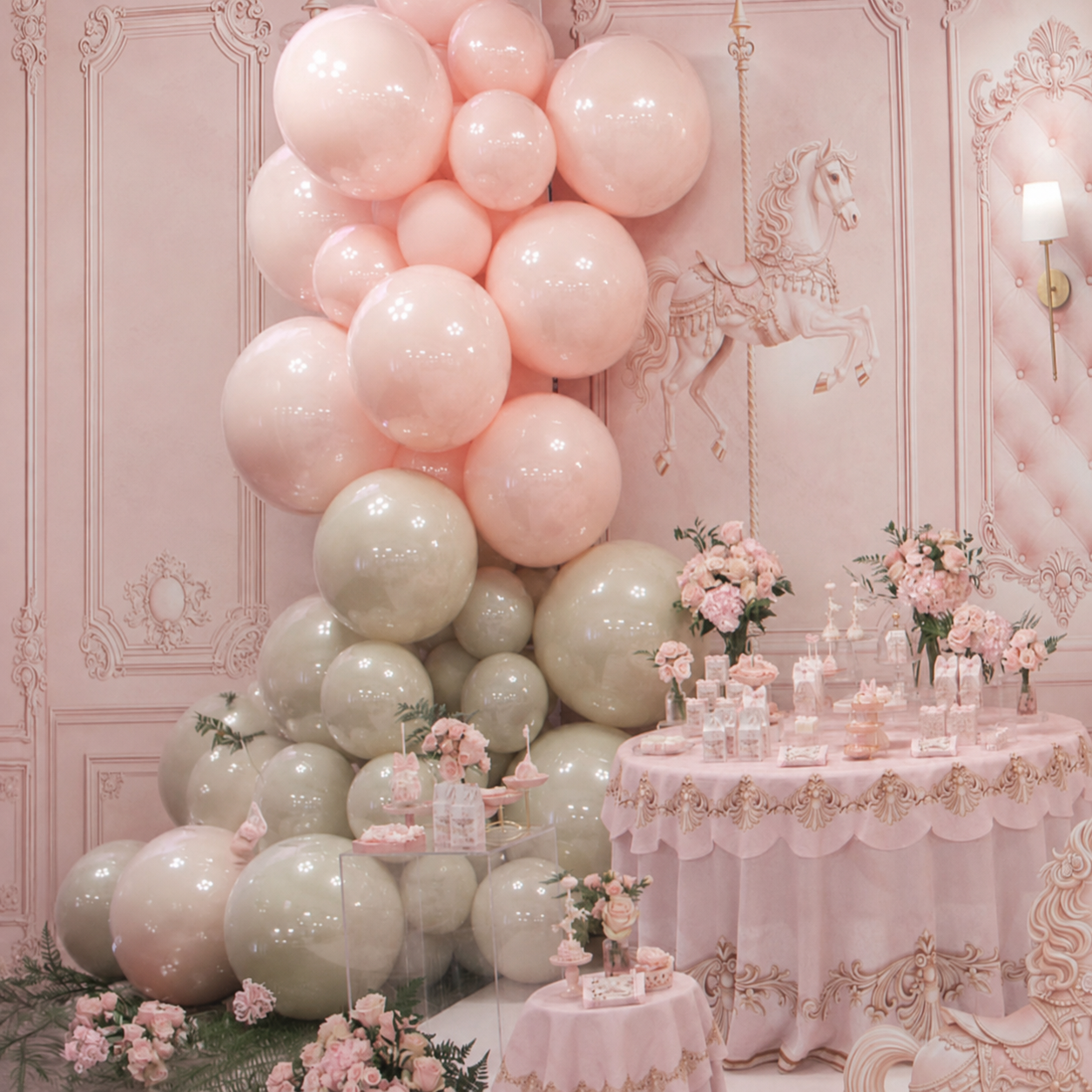 A pink and pale green balloon garland arrangement displayed in a decorated pink room with ornate wall panels, a horse motif, and a dessert table with flowers and candles.