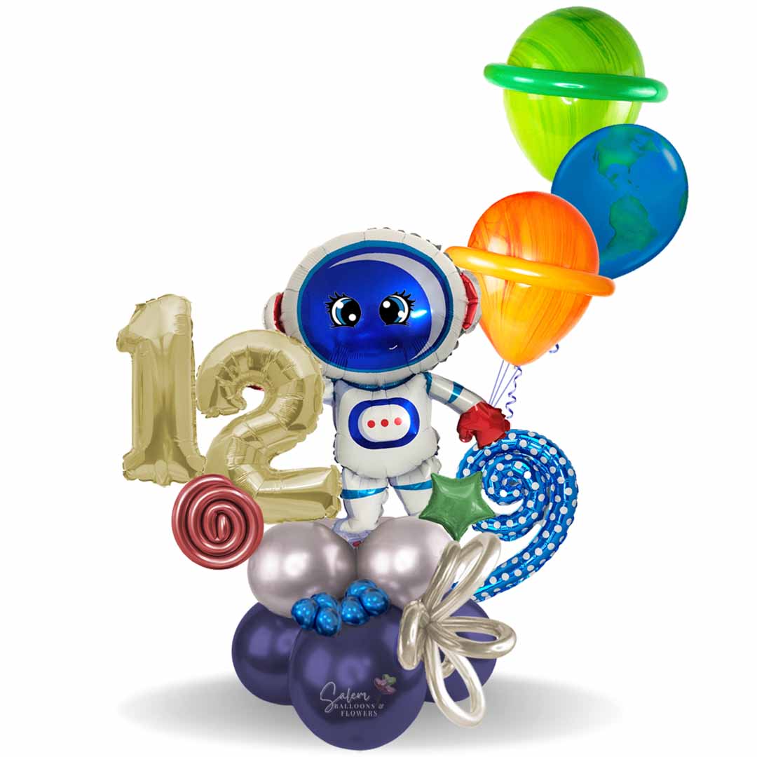 Astronaut themed balloon bouquet with number balloons, stars, curly balloons and ribbon and a set of planet themed helium balloons. Balloons Salem Oregon. 