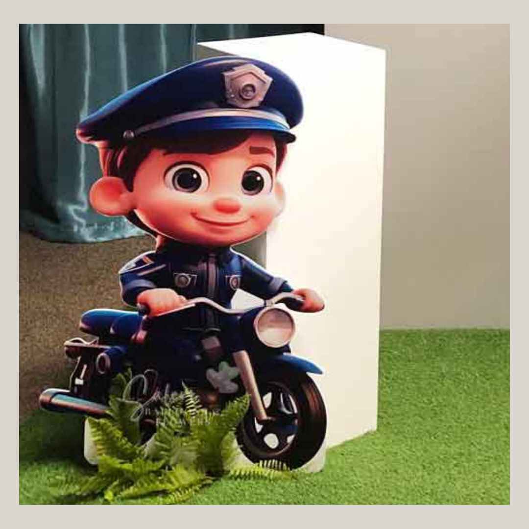 Cop cutouts in blue and silver riding a motorcycle. Oregon Balloon decor.