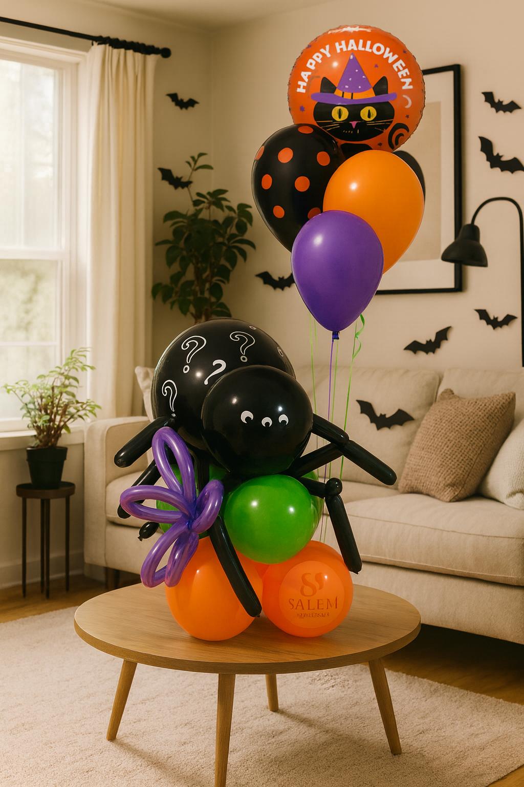 Halloween-themed balloon arrangement on a table in a living room, in purple, orange, green, and black. Halloween balloon gift. Oregon.