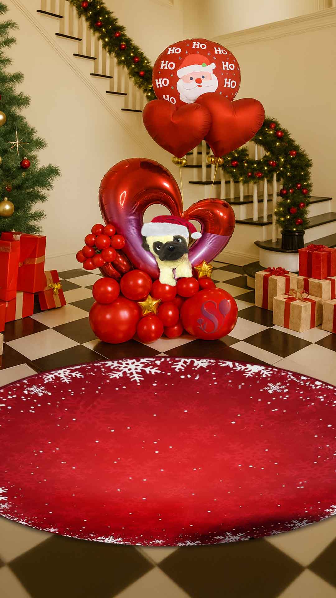 Balloon arrangement gift with a pug plush standing on a Christmas decorated foyer. Balloon delivery. Oregon.