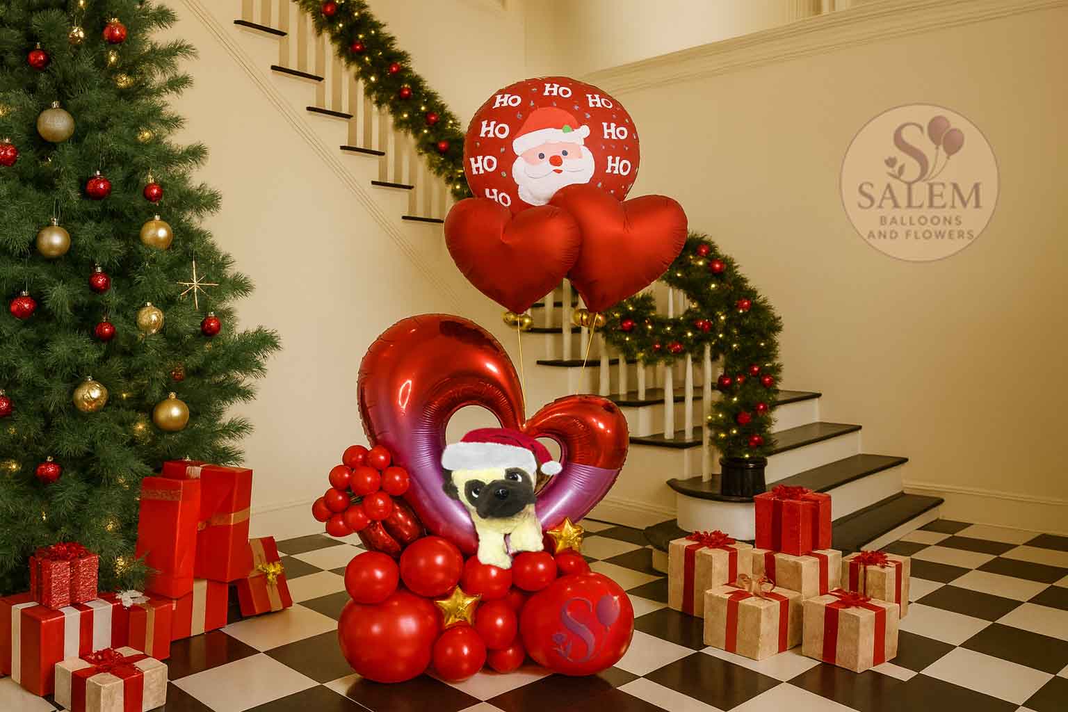 Balloon arrangement gift with a pug plush standing on a Christmas decorated foyer. Balloon delivery. Oregon.