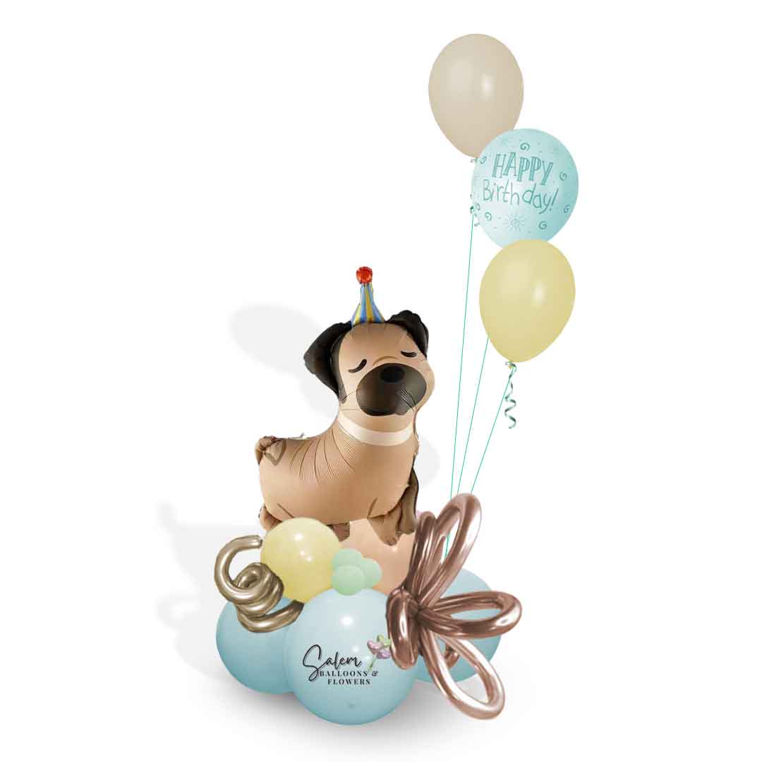 Birthday Balloon Bouquet in pastel colors, featuring a pug dog balloon and decorated with curly balloons. Oregon Balloon delivery.
