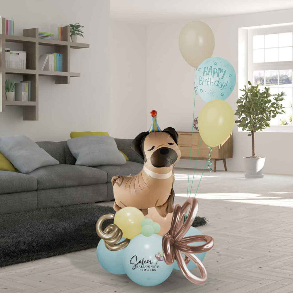 A Birthday Balloon Bouquet in pastel colors, featuring a pug dog balloon and decorated with curly balloons, standing in a living room.  Oregon Balloon delivery.