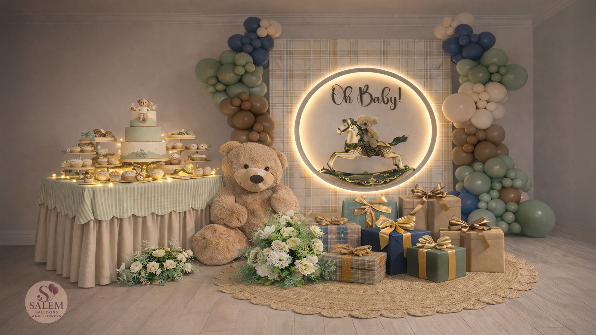 Baby shower setup with a Rocking horse and teddy bear theme, with balloon garlands, gift boxes, and a decorated cake table with twinkling lights and flowers. Balloon decor. Oregon.