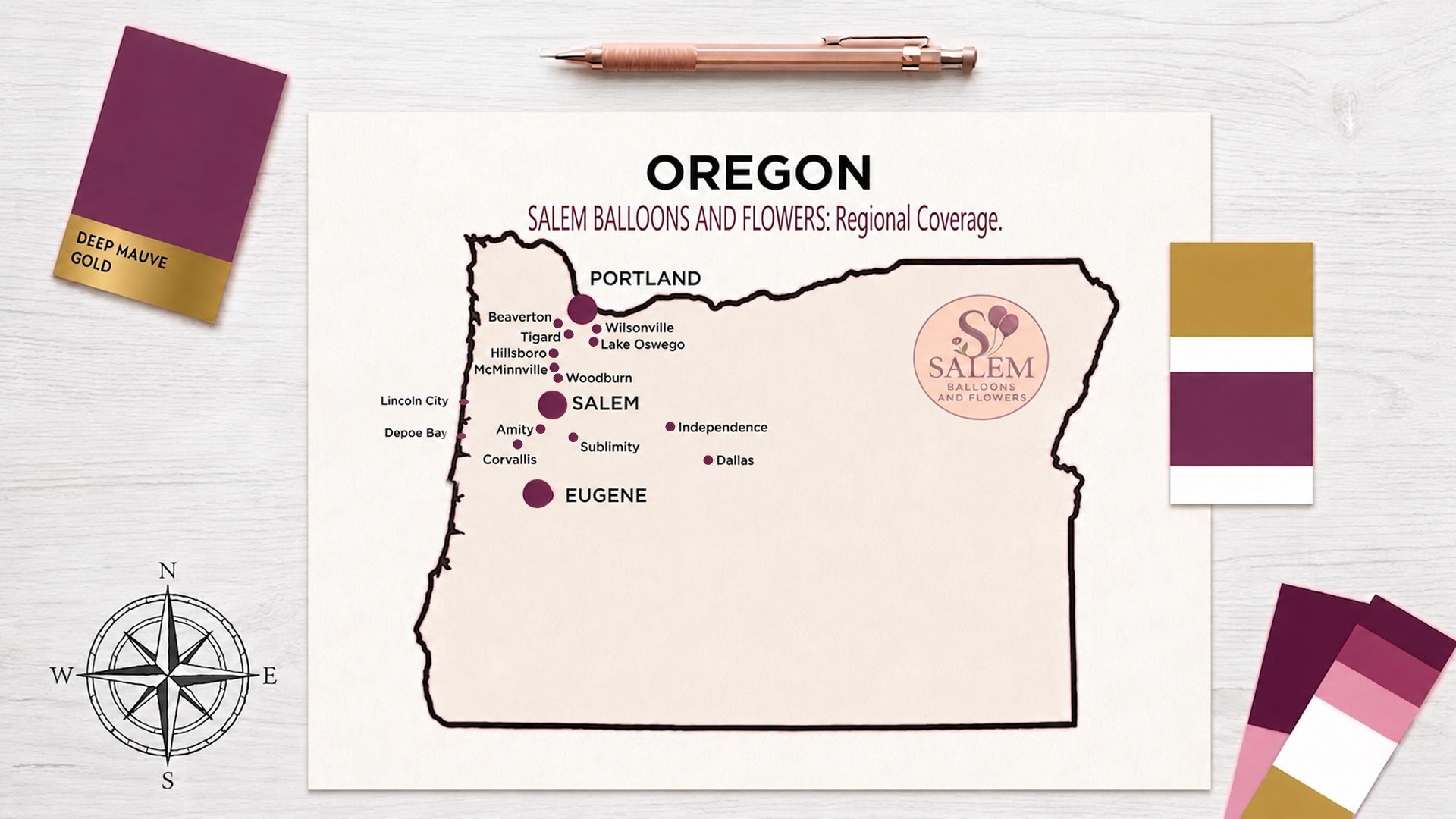 A professional service area map for Salem Balloons and Flowers, an Oregon event design studio. The minimalist map features a deep plum border and highlights primary service hubs in Salem, Portland, and Eugene with large branded markers. Surrounding cities including Lake Oswego, Beaverton,Lincoln City, Depoe Bay,  and Corvallis are noted with smaller markers, displayed on a bright, editorial-style designer's desk with rose gold drafting tools.