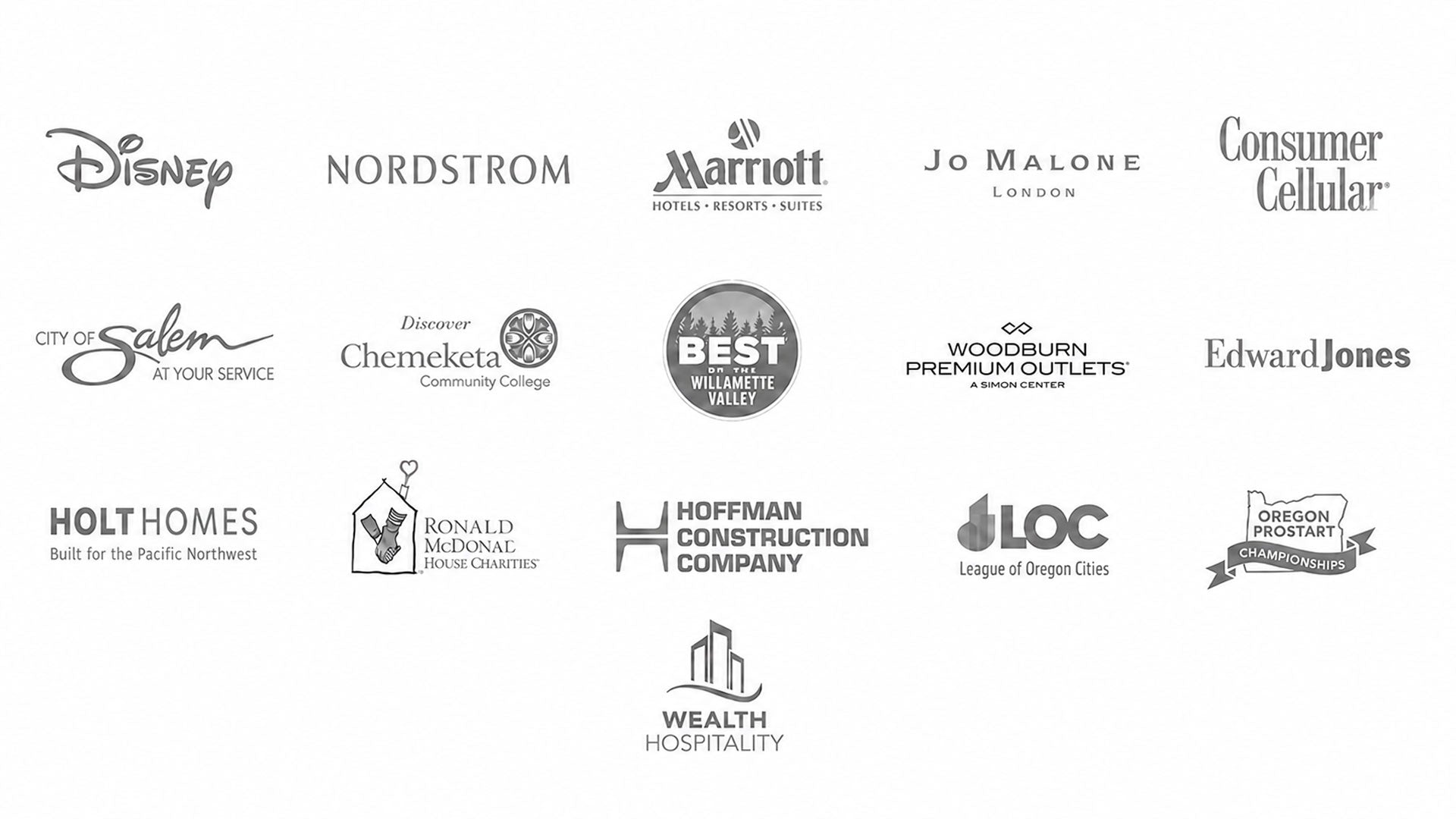 Logo wall of premier clients served by Salem Balloons and Flowers, including Disney, Nordstrom, Jo Malone London, Consumer Cellular, City of Salem, Edward Jones, Hoffman Construction Company, Woodburn Premium Outlets, Oregon ProStart Championships, Holt Homes, League of Oregon Cities (LOC), Chemeketa Community College, Ronald McDonald House Charities, Best of the Willamette Valley, and Wealth Hospitality, Marriott Hotels resorts suites.