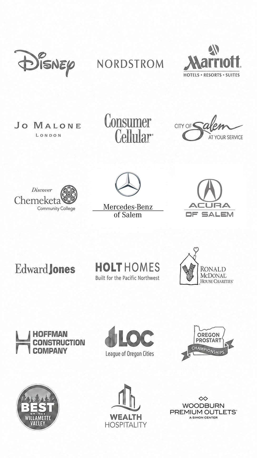 Logo wall of premier clients served by Salem Balloons and Flowers, including Disney, Nordstrom, Jo Malone London, Consumer Cellular, City of Salem, Edward Jones, Hoffman Construction Company, Mercedes Benz of Sale, Acura of Salem, Woodburn Premium Outlets, Oregon ProStart Championships, Holt Homes, League of Oregon Cities (LOC), Chemeketa Community College, Ronald McDonald House Charities, Best of the Willamette Valley, and Wealth Hospitality, Marriott Hotels resorts suites.