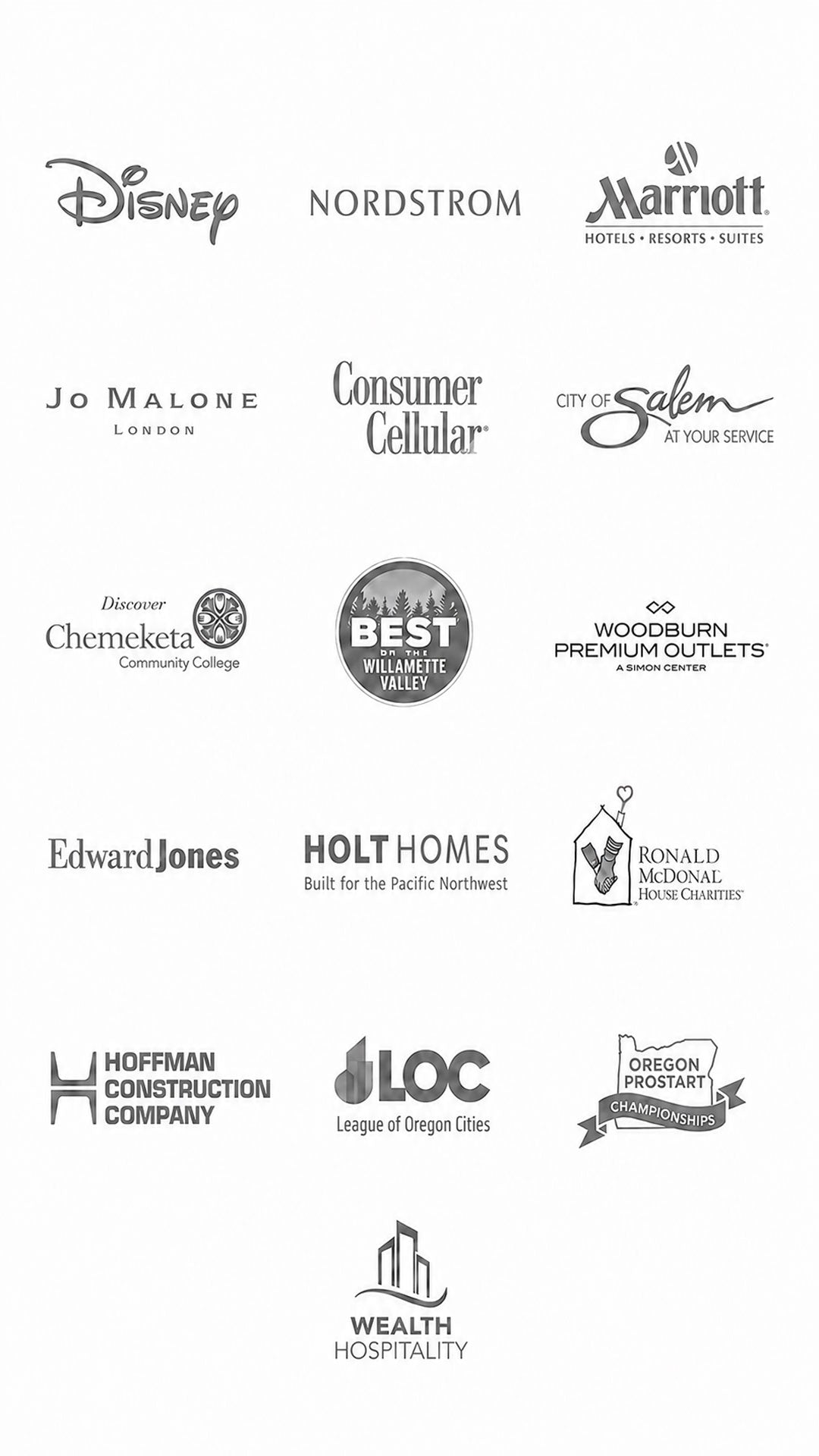 Logo wall of premier clients served by Salem Balloons and Flowers, including Disney, Nordstrom, Jo Malone London, Consumer Cellular, City of Salem, Edward Jones, Hoffman Construction Company, Woodburn Premium Outlets, Oregon ProStart Championships, Holt Homes, League of Oregon Cities (LOC), Chemeketa Community College, Ronald McDonald House Charities, Best of the Willamette Valley, and Wealth Hospitality, Marriott Hotels resorts suites.